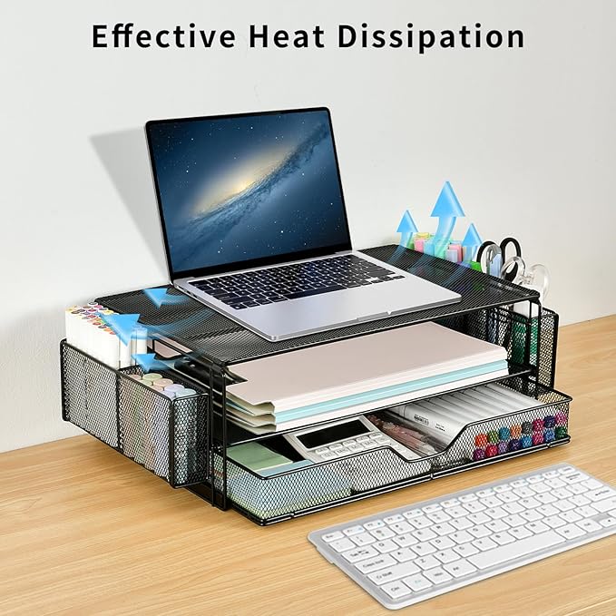 AUPSEN 2 Tier Computer Monitor Stands with Drawer and 2 Pencil Holder, Metal Monitor Stand Monitor riser, Computer Desk Organizer and Accessories for Laptop, Computer, Printer, Office Supplies(Black)