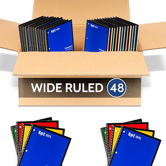 EPI Spiral Notebook | Wide - 70 Sheets, Durable Spiral Binding | 10.5 x 8 in | Classroom Supplies | School, Office, Note Taking, Journaling - 48 Pack