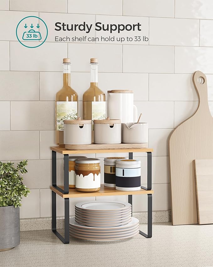 SONGMICS Cabinet Organizer Shelf, Set of 4 Kitchen Counter Shelves, Kitchen Storage, Spice Rack, Stackable, Expandable, Metal and Engineered Wood, Ink Black and Natural Beige UKCS10NB