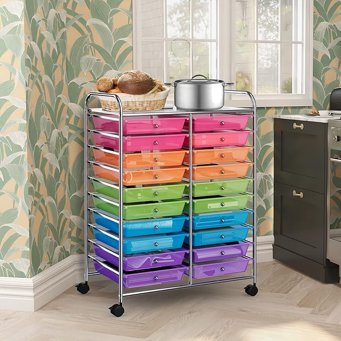 COSTWAY 20-Drawer Rolling Storage Cart, Utility Storage Organizer Cart for Tools, Scrapbook, Paper, Craft, Multipurpose Storage Trolley on Wheels for Home Office School (Rainbow)