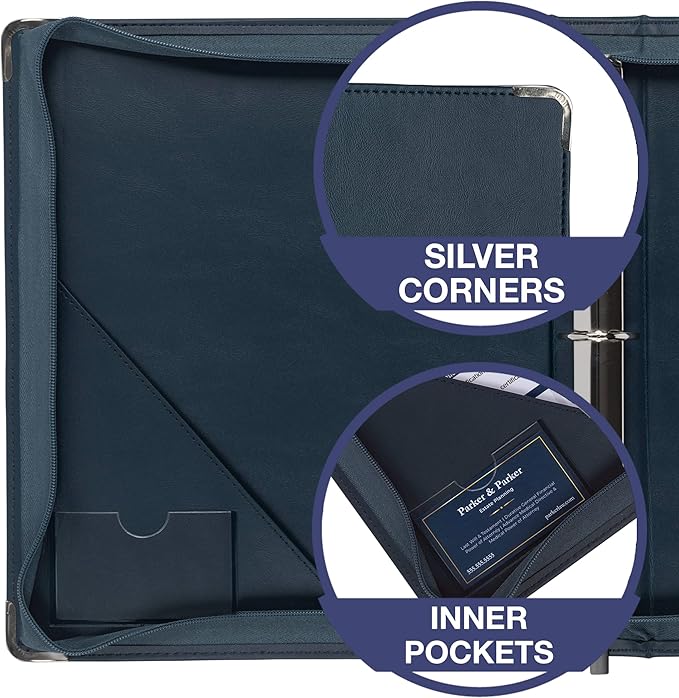 Samsill Leather Binder, Classic Collection - Zippered, Executive Presentation Portfolio, 1.5 Inch Round Ring (Holds 325 Sheets), Silver Corner Accents, Navy