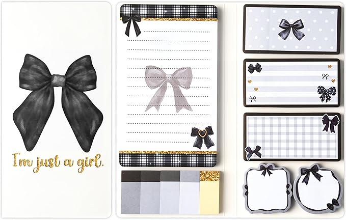 Xqumoi Coquette Black Bow Sticky Notes Set - I’m Just A Girl Self-Stick Note Pads Bowknot Notepads Writing Memo Pad Page Marker Bookmarker Preppy Girly Stuff Back to School Office Supplies Gift