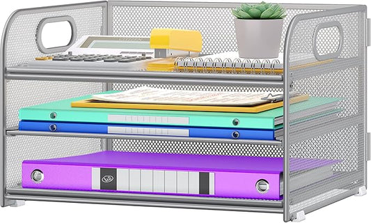 3 Tier Paper Organizer with Handle, Metal Desk Organizer Mesh Paper Letter Tray Desktop File Folder Document Sorter for Classroom, School, Office Accessories Organization and Storage - Silver