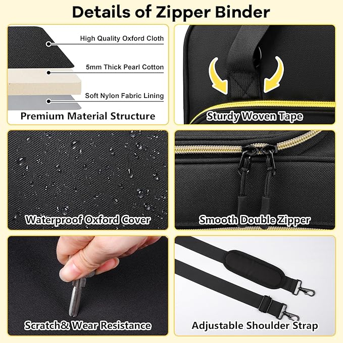 3 D-Ring Zipper Binder 2 inch with Shoulder Strap, Waterproof Oxford Binder with Zipper Storage 500 Sheets Capacity, Multi-Pockets Organizer Bag for 13 in Laptop School& Office Supplies Black