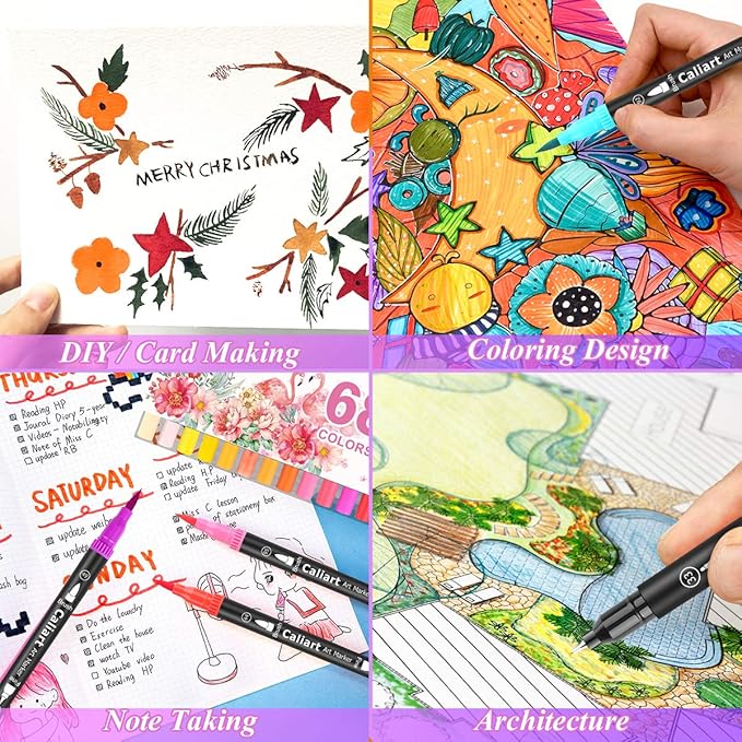 Caliart 34 Double Tip Brush Pens Art Markers, Artist Fine & Brush Pen Coloring Markers for Adult Book Cards Drawing Craft Kit Teacher Office Supplies