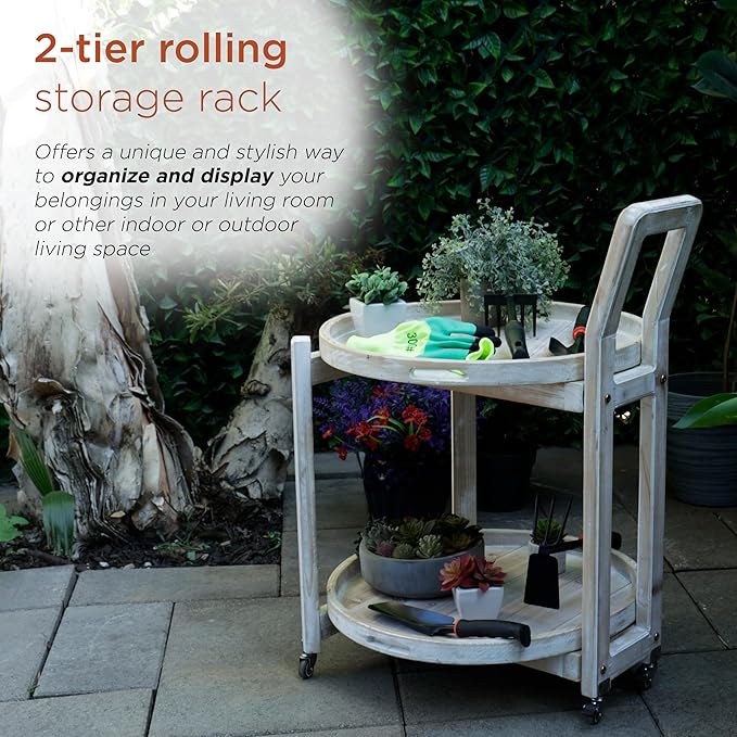 Alpine Corporation MBB172 Wood 2-Tier Rolling Storage Cart for Books, Plants, Decor, Rustic Storage Push Cart with 2 Shelves