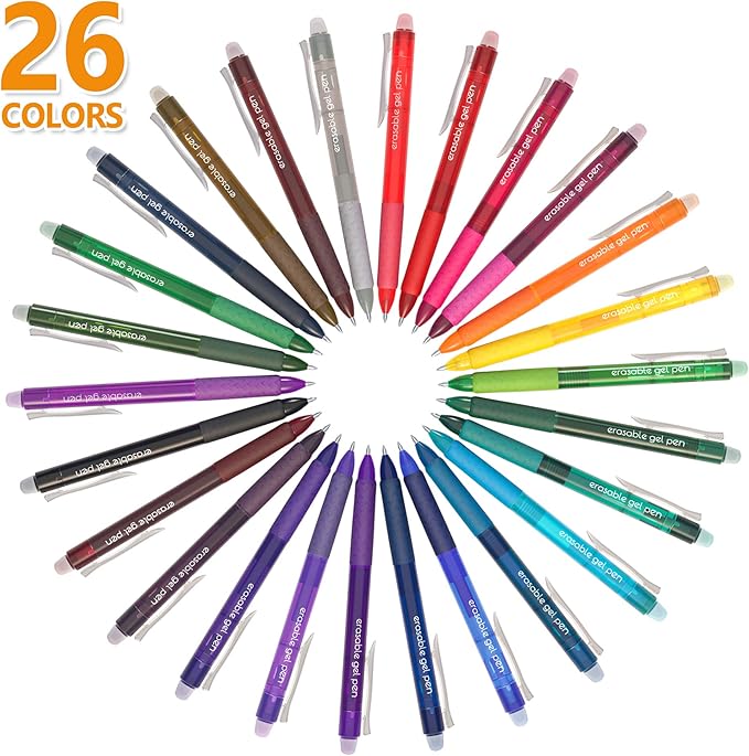 Erasable Gel Pens, 26 Colors Retractable Erasable Pens Clicker, Fine Point, Make Mistakes Disappear, Assorted Color Inks for Drawing Writing Planner and Crossword Puzzles