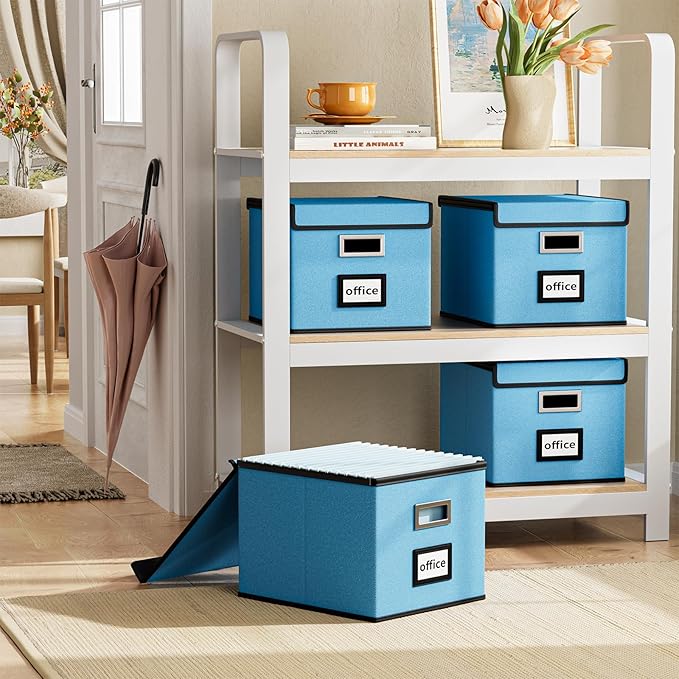Huolewa Decorative File Organizer Document Storage Boxes with Lids, Linen Hanging Filing Storage Boxes, Decorative Home/Office Filing System for File and Folders Storage