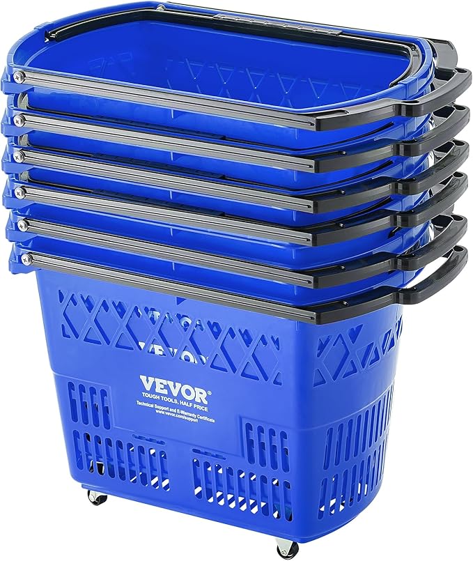 VEVOR 6 PCS Shopping Baskets, 39L Large Plastic Rolling Shopping Basket with Wheels, Shopping Carts with Handles, Portable Shopping Basket Set for Supermarkets, Grocery Shopping, Retail Stores, Blue