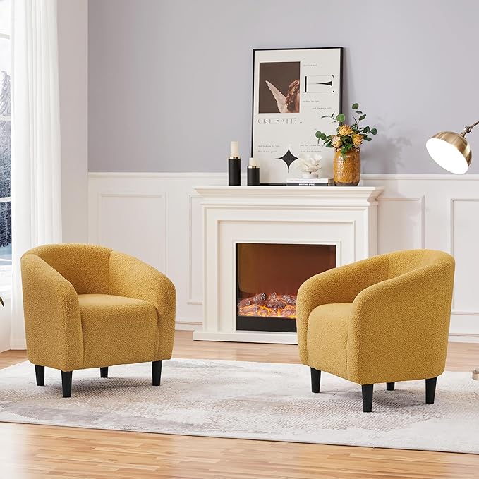 Yaheetech Accent Chairs for Living Room, Furry Barrel Chairs Set of 2, Sherpa Chairs with Soft Padded Armrest, Club Chairs for Bedroom Waiting Room Office, Mustard Yellow