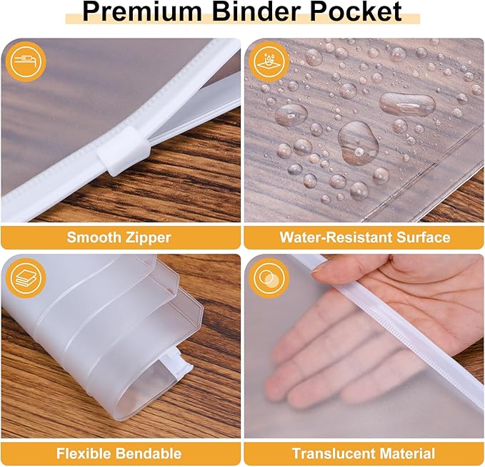 Antner 50pcs A5 Binder Pockets 6-Hole Budget Planner Inserts Cash Stuffing Envelopes for Money Organizer, White Zipper Pouch Folders Waterproof PVC Loose Leaf Filling Bags for A5 6-Ring Savings Binder