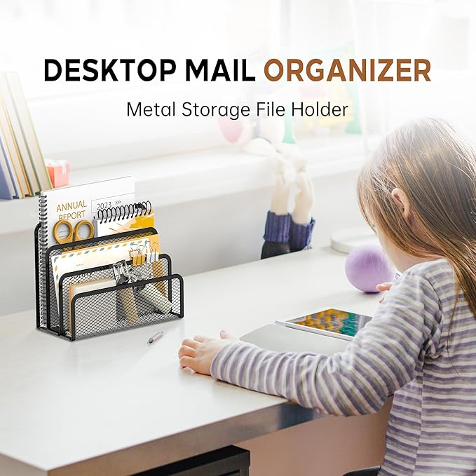 SUPEASY Mail Organizer for Desk, Mesh Metal Mail Holder Countertop with 3-Slot, Letter Sorter File Holder, Office Envelope Organizer for Mails (Black)