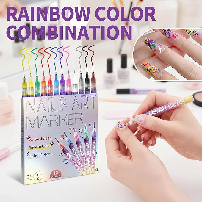 12 Colors Nails Art Pens Set,Upgraded 3D Nails Art Markers for Gel Nails,DIY Nails Art Marker Drawing Painting Liner Pen,Nails Art Nail DIY Decoration for Kids (C-3 Set)