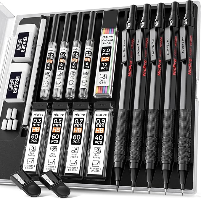 Nicpro Black Art Mechanical Pencil Set, 5PCS Metal Drafting Pencils 0.3, 0.5, 0.7, 0.9 mm & 2mm Graphite Lead Holder For Sketching Drawing With 9 Tubes (4B 2B HB 2H Colors) Lead Refills Erasers Case