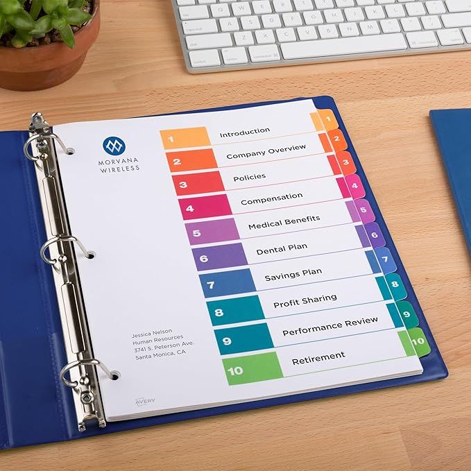 Avery 10 Tab Dividers for 3 Ring Binders, Customizable Table of Contents, Multicolor Tabs, 24 Sets (11169)