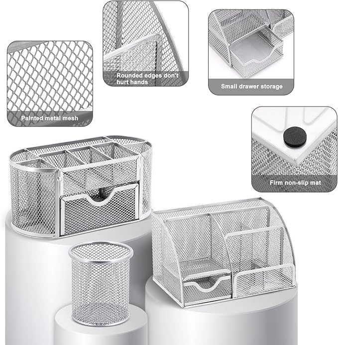 17 in1 Silvery Desk Organizers and Accessories Set, 3 Office Desk Supplies Storage Organization, 4 Pens, Stapler, Staples & Remover, Tape & Dispenser, Scissors, Ruler, Clips, Hole Punch Back to School