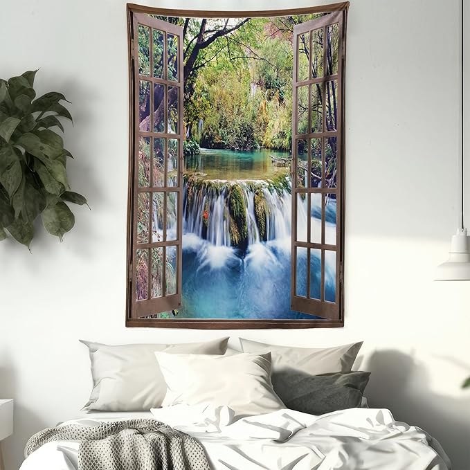 Ambesonne Waterfall Tapestry Twin Size, Wide Waterfall Deep down in the Forest Seen from a City Window Epic Surreal Print, Wall Hanging Bedspread Bed Cover Wall Decor, 68" X 88", Brown Black
