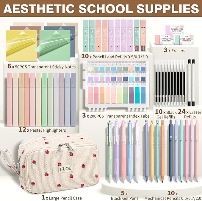 62PCS Aesthetic School Supplies, Cute Back to School Supplies College Essentials Preppy Stationary Set with Large Pencil Pouch Case, Pastel Highlighters Gel Pens Mechanical Pencils for Student Girls