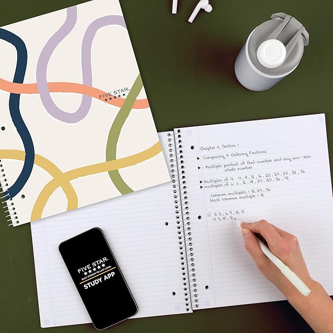 Five Star Spiral Notebook + Study App, 1 Subject, College Ruled, 8-1/2" x 11", 80 Sheets, Fights Ink Bleed, Water Resistant Covers, Organic Lines (820233F)