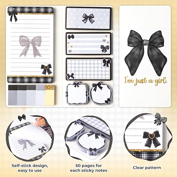 Xqumoi Coquette Black Bow Sticky Notes Set - I’m Just A Girl Self-Stick Note Pads Bowknot Notepads Writing Memo Pad Page Marker Bookmarker Preppy Girly Stuff Back to School Office Supplies Gift