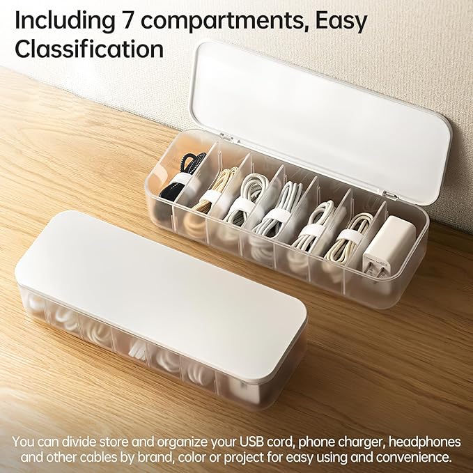 Cable Organizer Storage Box with 7 Wire Ties,Desktop Cable Management Box with Lid,Power Cord Organizer with 7 Compartments for Office,Home,Desk Accessories Storage Stationery Supplies White