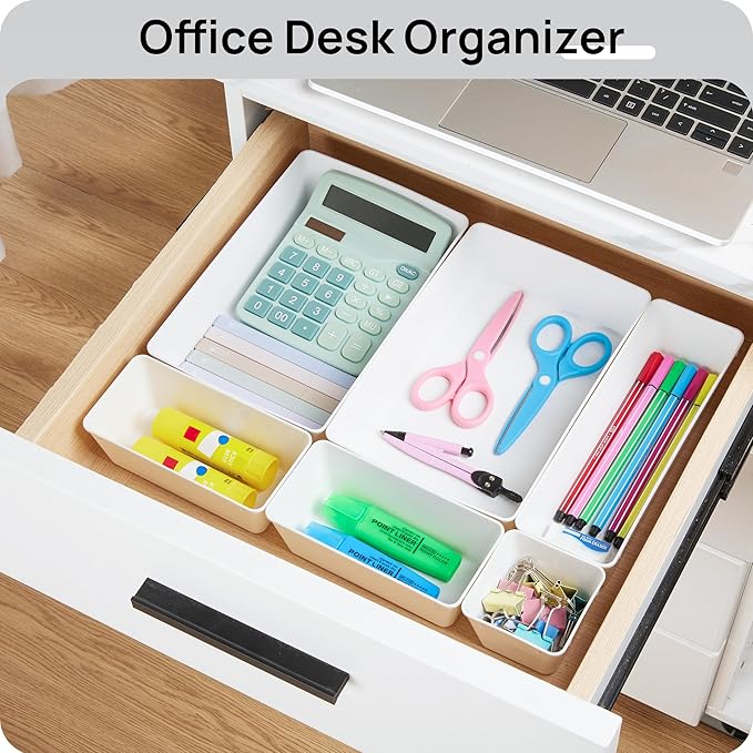 Vtopmart 44 PCS Plastic Drawer Organizers Set, 4-Size Versatile Bathroom and Vanity Organizer Trays, Non-Slip Storage Containers for Makeup, Jewelries, Bedroom，Kitchen Utensils and Office, White