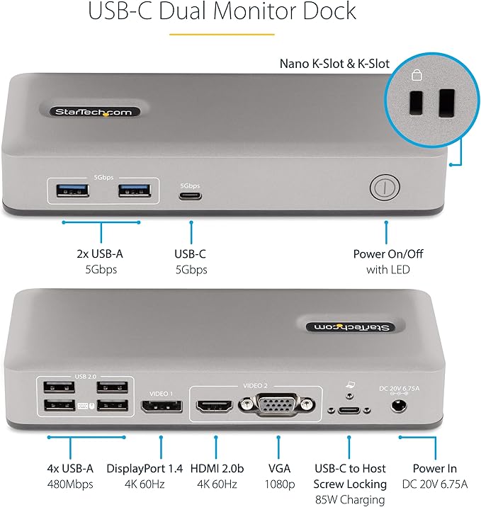 StarTech.com Dual-Monitor USB-C Docking Station, DisplayPort & HDMI or VGA, Multi Monitor Dock up to 4K 60Hz - USB 3.2/3.1 (5Gbps) Type-C Dock - 7X USB Hub, 85W PD, Windows & ChromeOS, TAA