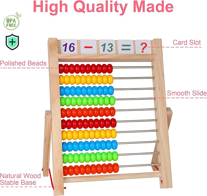 KIDWILL Preschool Math Learning Toy,10-Row Wooden Frame Abacus with Multi-Color Beads, Counting Sticks, Number Alphabet Cards, Gift for 2 3 4 5 6 Years Old Toddlers Boys Girls