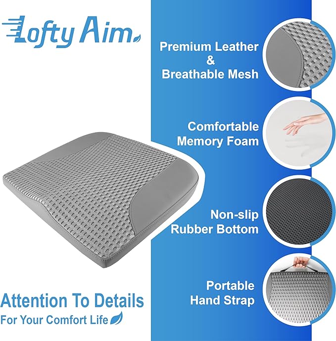 Car Seat Cushion, Comfortable Memory Foam Seat Pillow for Driving, Sciatica-Back Pain Relief, Cushion for Car-Truck, Office, Wheelchair - Dark Grey