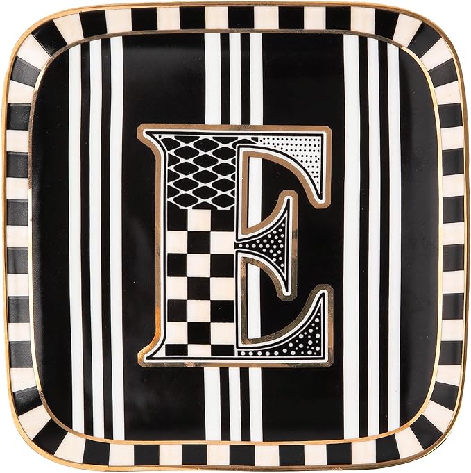 MACKENZIE-CHILDS Monogram Dish, Decorative Ceramic Letter Plate, 5 3/4" Square, E