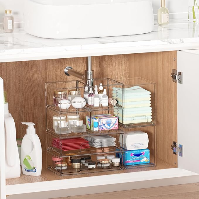 Vtopmart Stackable Storage Drawers Set of 8, Clear Plastic Organizer Bins for Bathroom Supplies,Ideal for Cabinet,Pantry,Laundry Room Organization