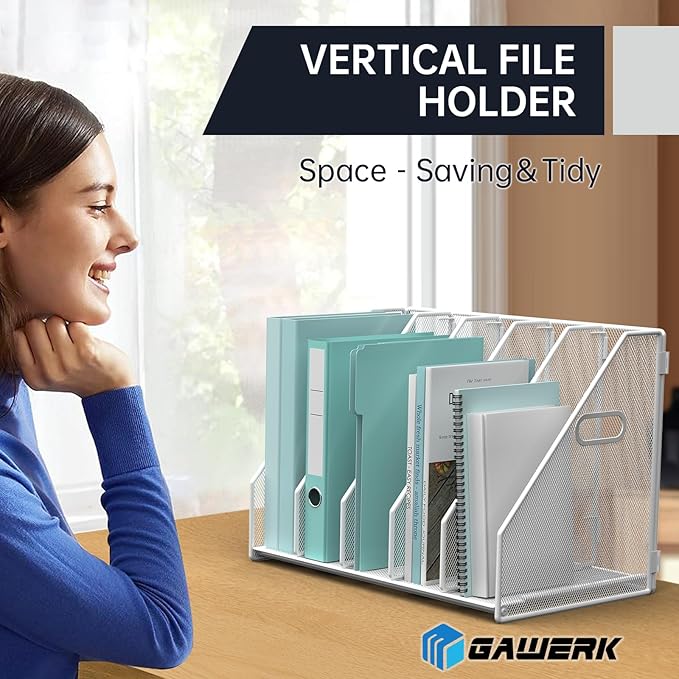 Desk File Organizer Metal Desk Magazine Folder Holder with 5 Vertical Compartments Rack File Organizer for Office, Home, School (White)