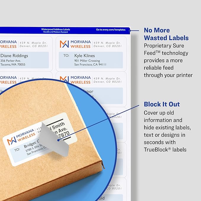 Avery Shipping Address Labels,Laser Printers,150 Labels, 3-1/3x4, Permanent Adhesive, TrueBlock,5 Packs (5264)