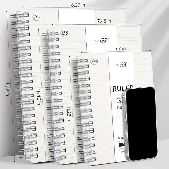 RETTACY Spiral College Ruled Notebook, 300 Pages, B5 Medium Size (7.4" x 10"), for School, Work, Writing, Journaling, 100 GSM Thick Paper, Flexible Plastic Cover (Transparent)