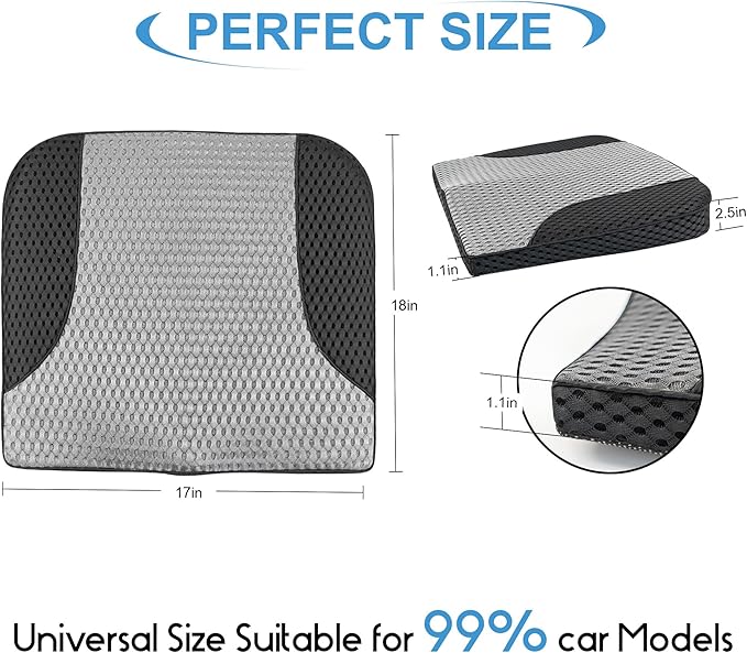 Car Seat Cushion, Comfortable Memory Foam Seat Pillow for Driving, Sciatica-Back Pain Relief, Cushion for Car-Truck, Office, Wheelchair - Mesh Black&Gray