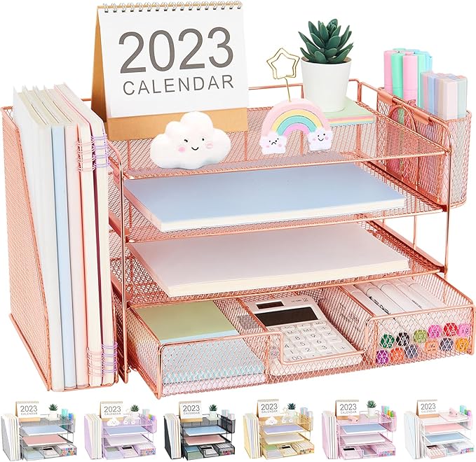 OPNICE Desk Organizer, 4-Tier Desktop File Organizer with Drawer and 2 Pen Holders, Office Desk Accessories, File Sorters, Workspace Organizers for Office Supplies(Rose Gold)