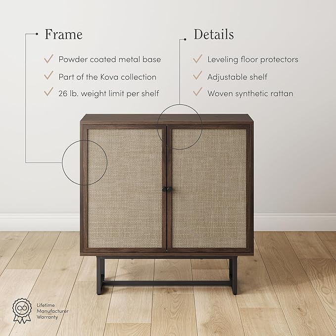 Nathan James Kova Bohemian Rattan Sideboard or TV Stand, Wooden Storage Cabinet with Doors, Walnut Sideboard Buffet or Rattan Accent Storage Cabinet with Matte Black Legs, Set of 2