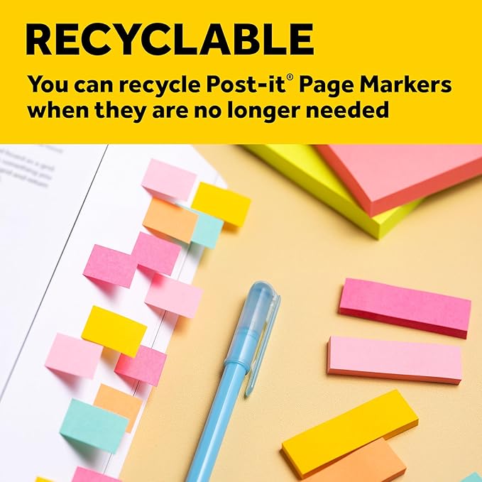 Post-it Page Markers, Assorted Colors, 1 in x 3 in, 50 Sheets/Pad, 4 Pads/Pack (671-4AF)