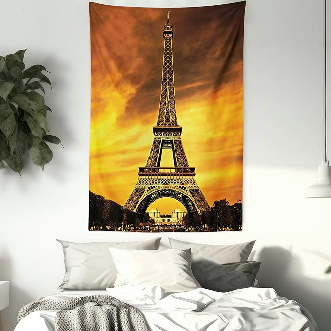 Ambesonne Eiffel Tower Tapestry, Paris Love City Monument in Dramatic Sunrise Picture of French Landmark, Fabric Wall Hanging Decor for Bedroom Living Room Dorm, 23" X 28", Yellow Brown