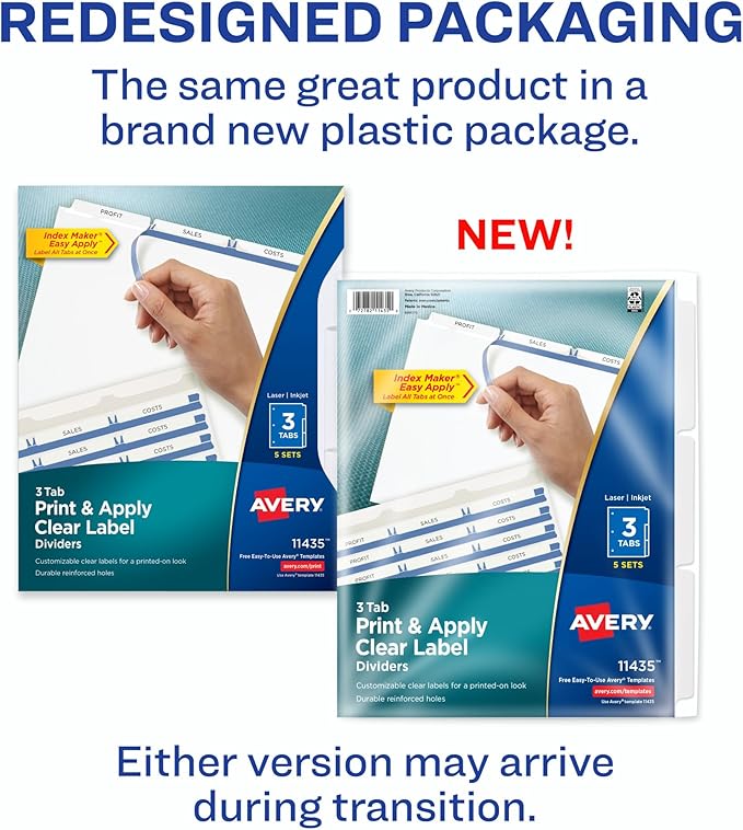 Avery 3-Tab Dividers for 3 Ring Binder, Easy Print & Apply Clear Label Strip, Index Maker Customizable White Tabs, 5 Sets (11435)