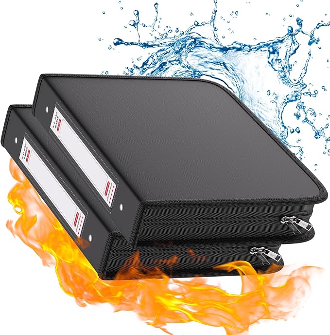 Fireproof 3 Ring Binder with Zipper, 1.5 Inch D Rings Hold up 375 Sheets of 8.5" x 11" (A4), Compatible with Clear Page Protectors, Built-in net and Pen Holder (2 Pcs, Black, 1.5")