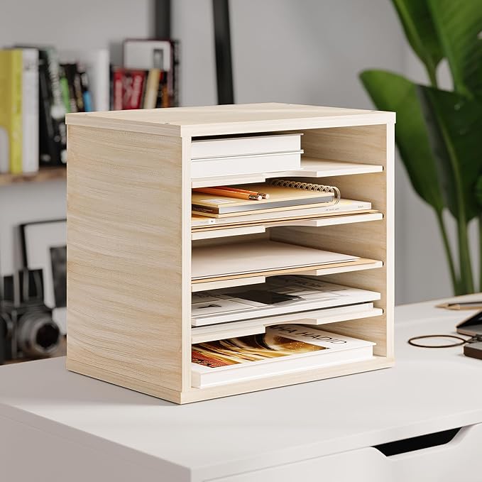 Ballucci Wood File Organizer Paper Sorter, 5 Tier Adjustable Shelves Office Desk Organizer 13 5/8" x 9 1/4" x 12", Brushed Wood