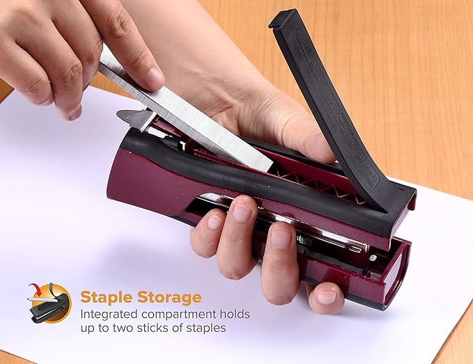 Bostitch Office Dynamo 4 in 1 Standup Stapler, Includes 420 Staples, 20 Sheet Capacity, Integrated Pencil Sharpener, Staple Remover & Staple Storage, Magenta