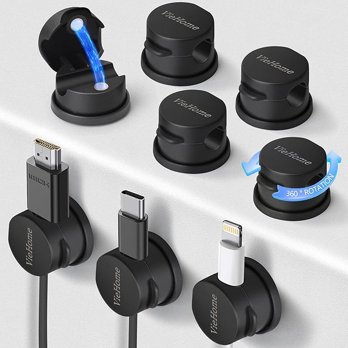 8 Pack Magnetic Cable Management Clips - Ideal Cord Holder for Nightstand, Desk, Charger Holder - Phone Cord Holder w/360 Rotation
