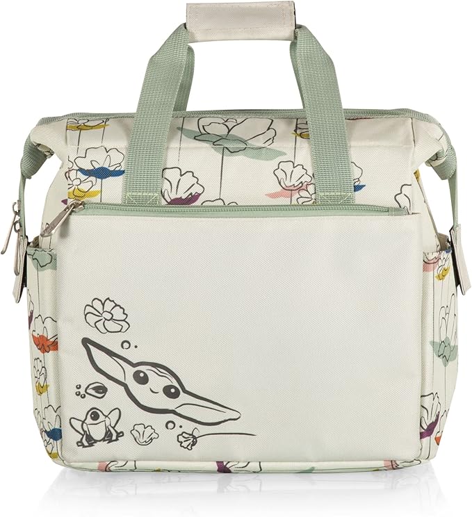 PICNIC TIME Star Wars Mandalorian Grogu Floral On The Go Lunch Bag, Soft Cooler Lunch Box, Insulated Lunch Bag, (Cream with Floral Pattern)