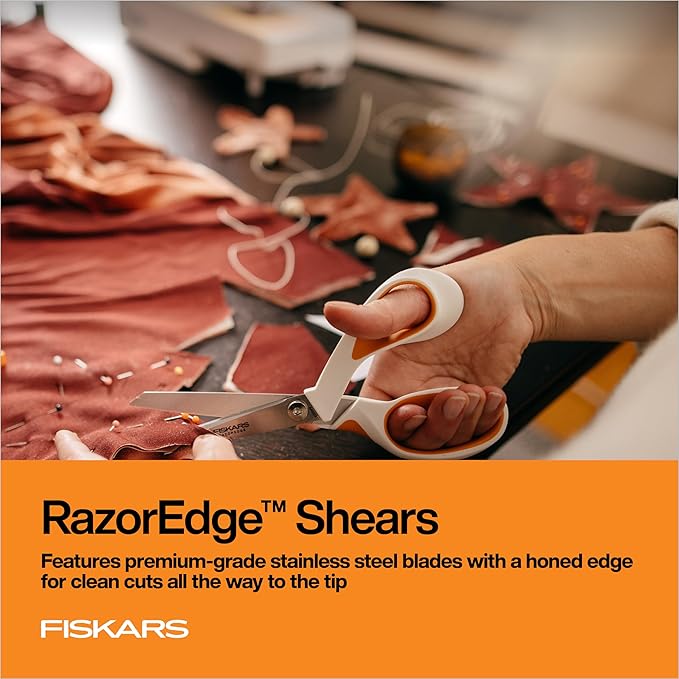 Fiskars RazorEdge Fabric Scissors, Heavy Duty Fabric Shears, Ultra-Sharp Stainless Steel Blades & SoftGrip Ergonomic Handle, 8”, White/Orange