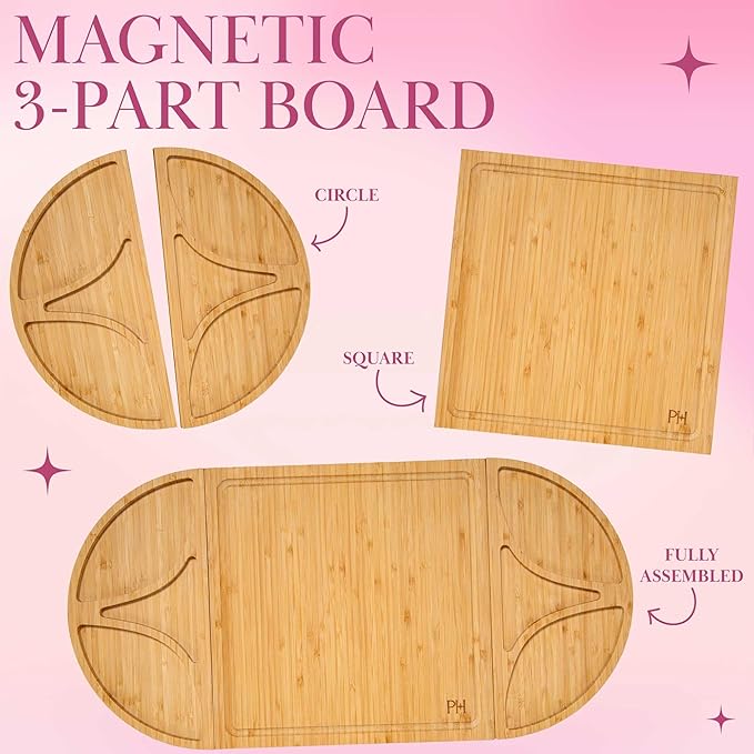 Paris Hilton Charcuterie Board and Serving Set, Customizable and Magnetic Bamboo Board with Cheese Utensils, 7-Piece Set, Pink