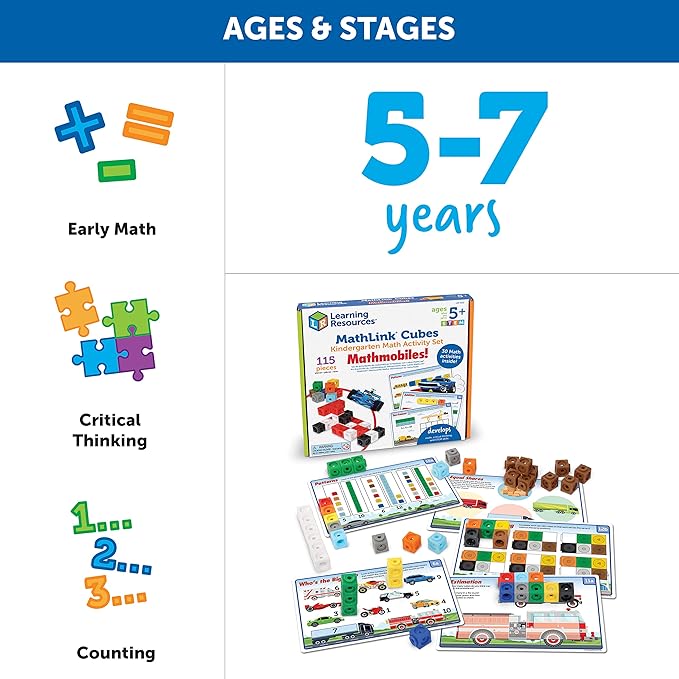 Learning Resources MathLink Cubes Kindergarten Math Activity Set: Mathmobiles! 115 Pieces, Ages 5+ Kindergarten STEM Activities, Math Activity Set and Games for Kids