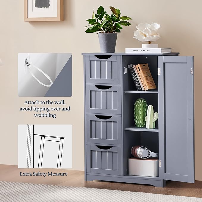 Yaheetech Bathroom Floor Cabinet, Freestanding Storage Organizer Unit Kitchen Cupboard W/ 4 Drawers & Adjustable Shelves, Using for Kitchen/Bathroom, Gray