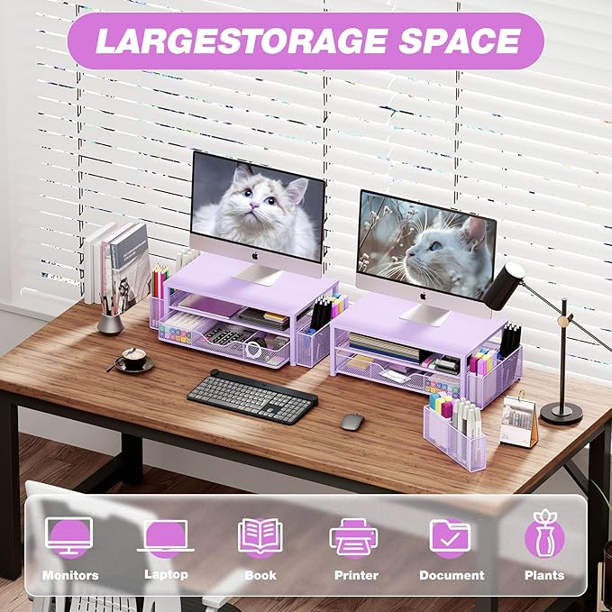 OPNICE Desk Organizers and Accessories, 2-Tier Computer Monitor Stand Riser with Drawer and 2 Pen Holders, Laptop Stand, Office Desk Accessories & Office Decor for Women, Purple